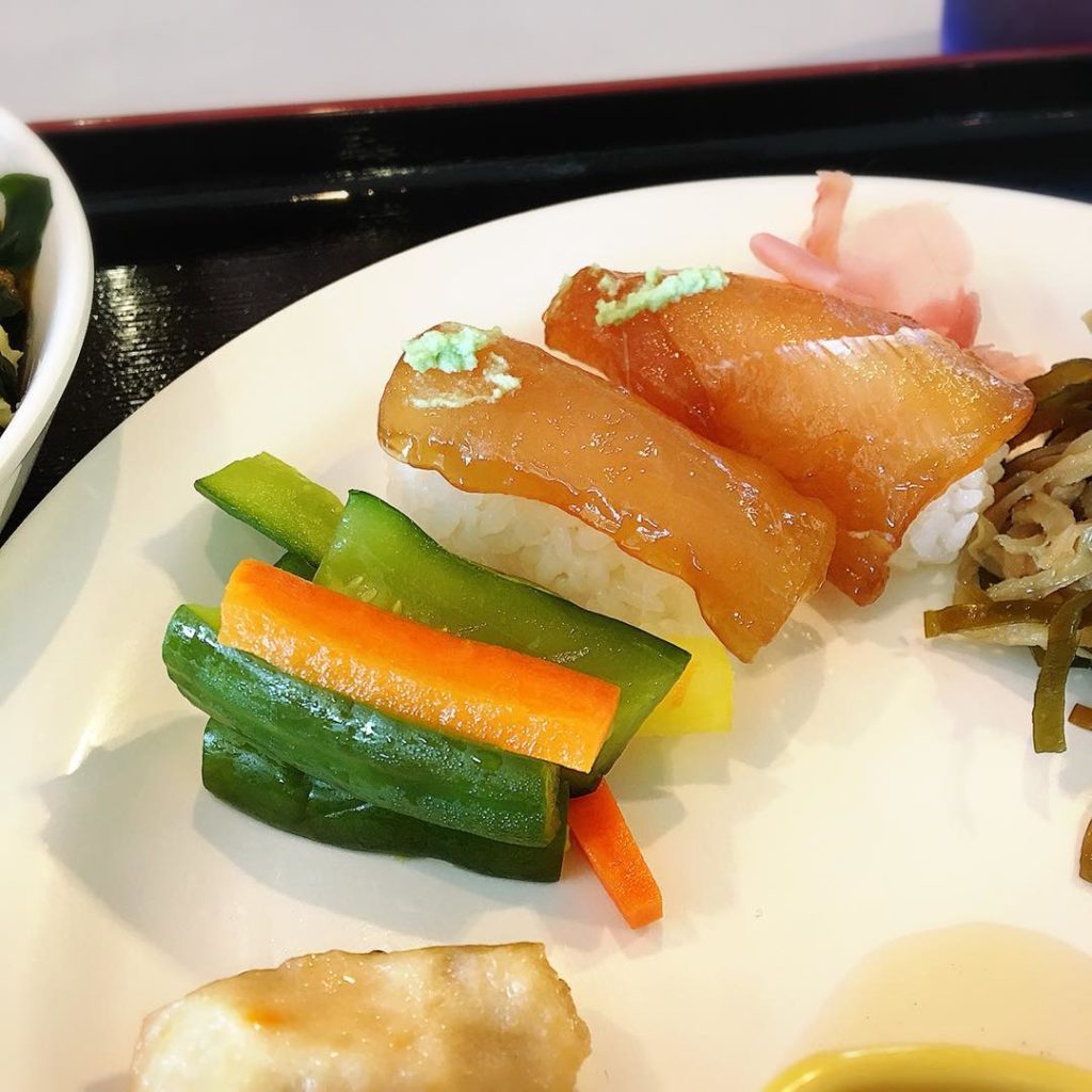 Diato sushi from Minami Daito island with colorful pickles.