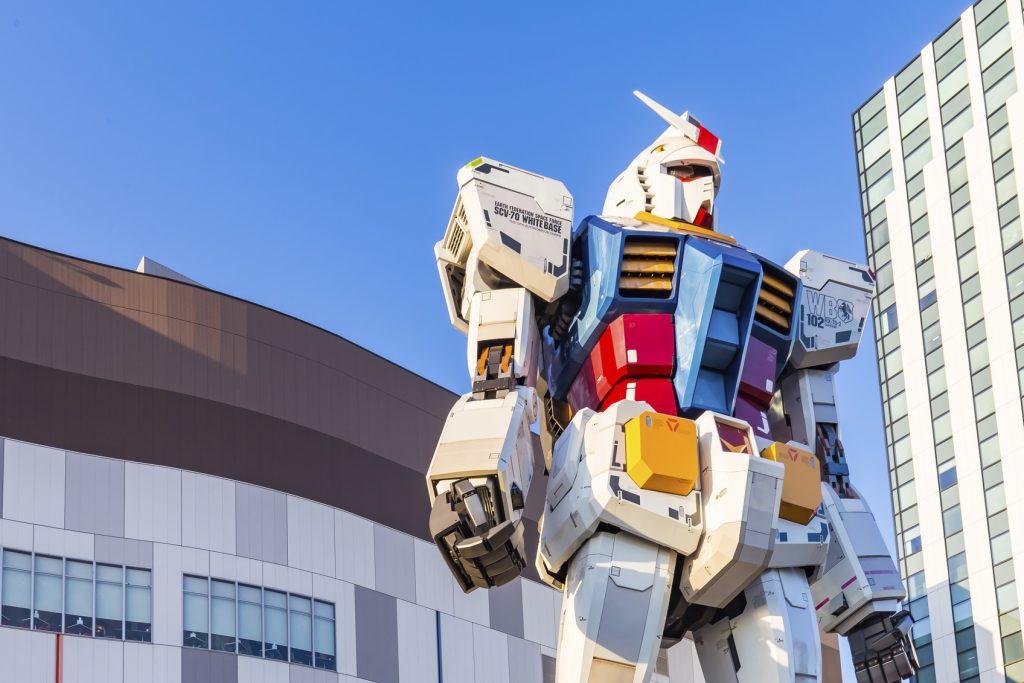 Tokyo, Japan - 16 February 2015: The 1:1 scale mobile suit Gundam RX78-2 which is 18 metres high from "Mobile Suit Gundam".It is located in front of the "Diver City" to present the Gundam Front, Tokyo