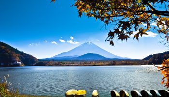 Japan landscape with Mount Fuji - Lake Shoji (Shojiko) and the famous volcano. Part of Fuji Five Lakes in Fuji-Hakone-Izu National Park