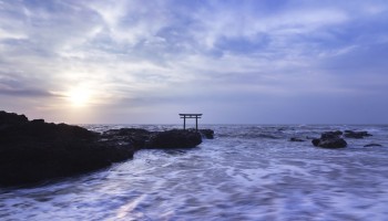 Shrine gateway on Oarai coast at sunrise, Ibaraki, Japan.