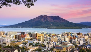 Kagoshima, Japan with Sakurajima Volcano.