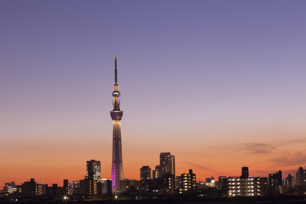 The Skytree is lit up in different colors each night.